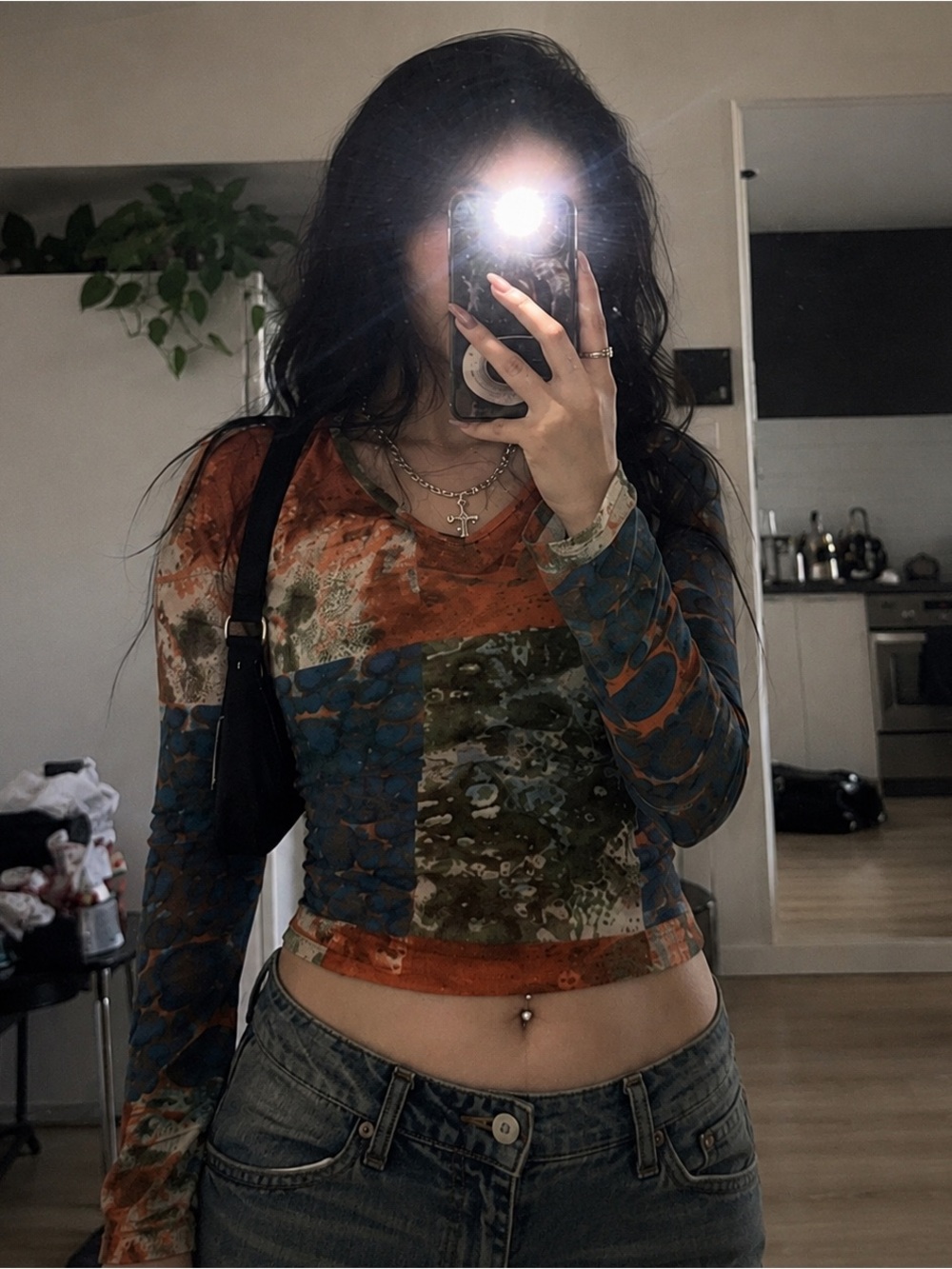 Y2K Abstract Mesh Long Sleeve Top Orange Blue Fairy Grunge XS S